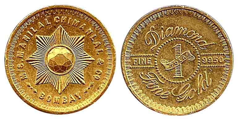Tola Token, Gold, 11.66 g, M/s Manilal Chimanlal &amp; Co., Bombay, 9950 Fine. UNC.