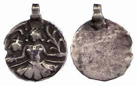Tribal Pendent, Silver, 0.92 g, a goddess seated, facing on obv, unifaced. Saurashtra regi