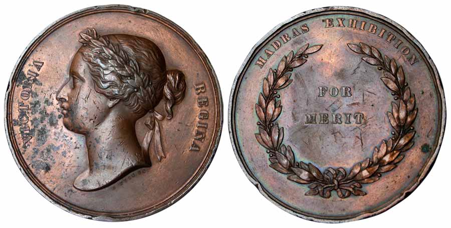 Victoria, Bronze, Madras Exhibition Medal, 1855,bust of the Queen to left on obv, Madras E