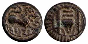Vishnukundin, Copper, 8.10 g, lion type with a lion standing to right on rev and a stylize
