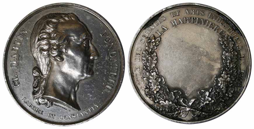 Claude Martin Medal, Silver, portrait on obv and wreath on rev with the legend, ECOLE DES 