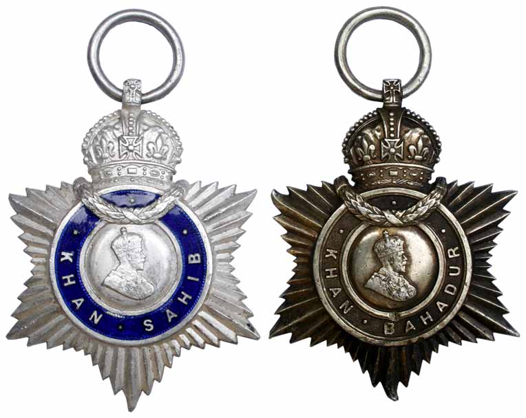 Indian Title Badges, George V, pair of Khan Sahib and Khan Bahadur, awarded to Mir Jurab A