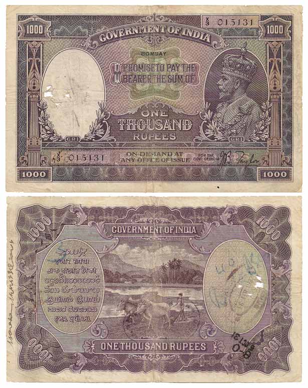 British India, George V, Rs. 1000, Sign J B Taylor, Bombay Circle of issue, Prefix X3 (Jhu