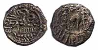 Eastern Chalukyas, Pulakeshin, Copper, 1.13 g, Vishnukundin-type, an ornate conch shell on