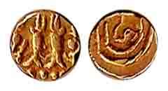 Alupas, Gold, Fanam, two fish motif of the Alupas of Udipi on obv and a conch on rev. Very