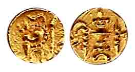 Chalukyas, Gold, Fanam, stylized religious symbols on obv, a chamer and other sacred symbo