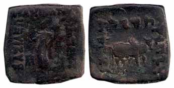 Indo-Greeks, Apollodotus II, Copper, 8.24 g, Square, God Apollo on obv and a bull to right
