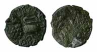 Satavahanas, Satakarni, copper-alloy, 0.58 g, Junnar-lion type, a lion tied to a pole on o