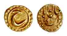 Tipu Sultan, Gold, Fanam, Khaliqabad Mint, Persian letter he on obv, mint name and date on