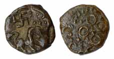 Satavahanas, Lead, 3.05 g, anonymous, a lion running to right with a Swastika on obv, Ujja