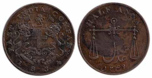 Copper, ½ Anna, AD 1834, AH 1249, Large Lettering type, Adal variety. Inverted axis. Very 