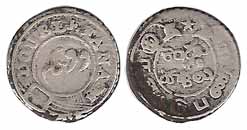 Silver, Double Fanam, with central circles on obv and rev, ND, 1807 issue (KM 340). Very F