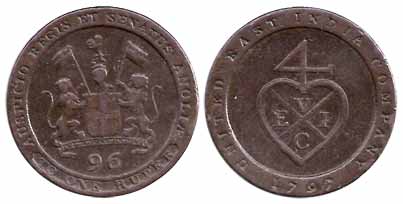 Copper, 1/96 Rupee (½ Dub), 1797, arms of the EIC on obv, Bale mark on rev (KM 392). About