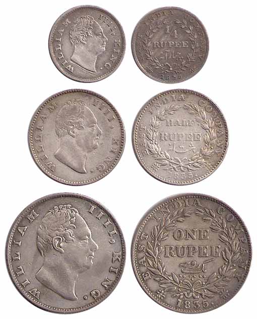 William IV, Silver (3), Set of 3: Rupee, ½ and ¼ Rupee, 1835. Very Fine, Rare as a set of 