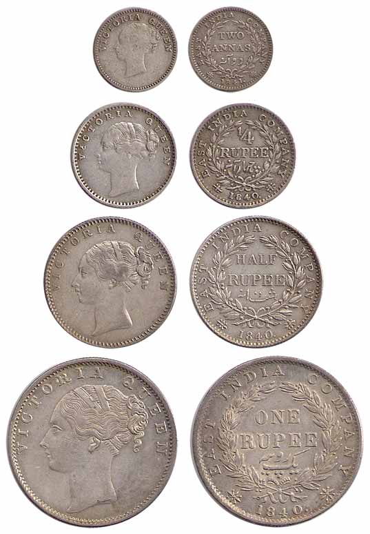 Victoria Queen, Silver (4), Set of 4: Rupee, ½ and ¼ Rupee, 2 Annas, 1840, 1840, 1840, and