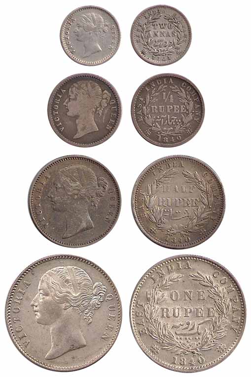 Victoria Queen, Silver (4), Set of 4: Rupee, ½ and ¼ Rupee, 2 Annas, 1840, 1840, 1840, and