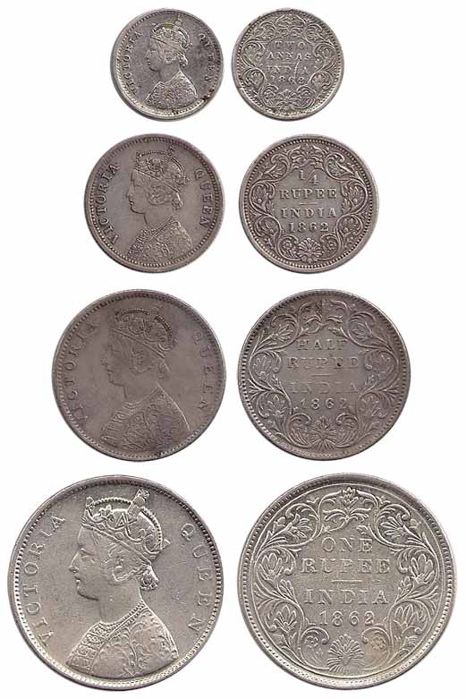 Victoria Queen, Silver (4), Set of 4: Rupee, ½ and ¼ Rupee, 2 Annas, 1862. Very Fine to Ex