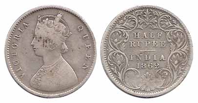 Victoria Queen, Silver, ½ Rupee, 1862. About Very Fine, Scarce.
