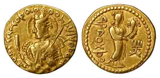 Kushanas, Huvishka, Gold, 7.87 g, Dinar, Ardoksho type, king seated on clouds to left with