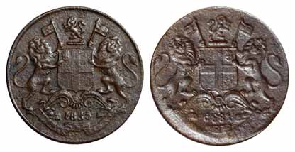 Copper, ¼ Anna, 1835, Lakhi (brockage) of obv. Very Fine+, Very Rare.