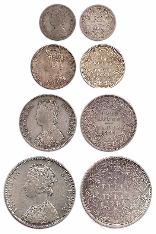 Victoria Empress, Silver (4), Set of 4: Rupee, ½ and ¼ Rupee, 2 Annas, 1890, 1899, 1887, a