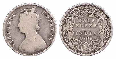 Victoria Empress, Silver, ½ Rupee, 1889, Calcutta Mint. About Very Fine, Scarce.
