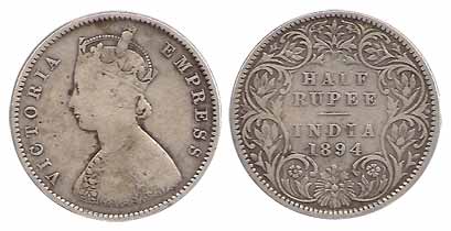 Victoria Empress, Silver, ½ Rupee, 1894, Bombay Mint. About Very Fine, Scarce.