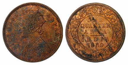 Victoria Empress, Copper, ¼ Anna, 1880. UNC, Scarce.