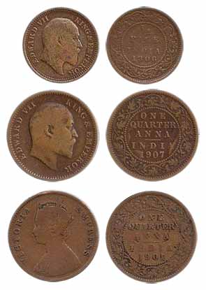 Victoria Empress, Copper, ¼ Anna, 1901; Edward VII, Copper (2), ¼ Anna, 1907, and ½ Pice, 