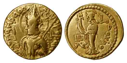 Kushanas, Huvishka, Gold, 7.80 g, Dinar, Ardoksho type, king seated on clouds to left with