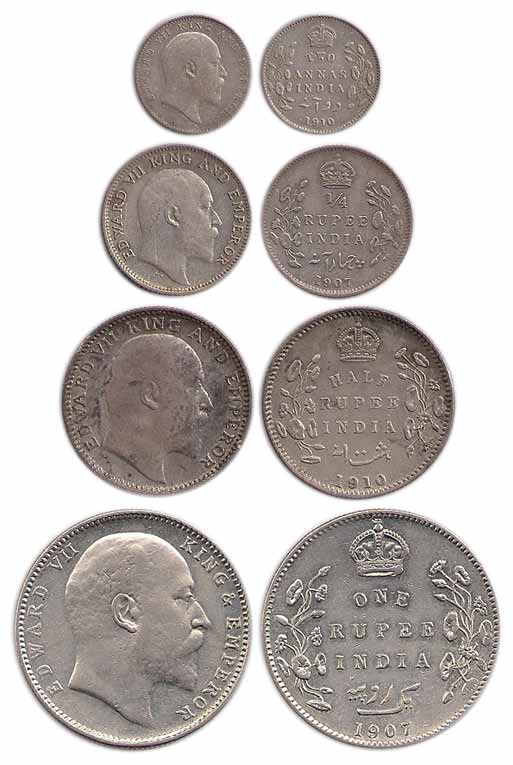 Edward VII, Silver (4), Set of 4: Rupee, ½ and ¼ Rupee, 2 Annas, 1907, 1910, 1907, and 191
