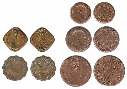 Edward VII, Copper (4), ½ Pice, 1903, 1905, and 1910; 1/12 Anna, 1907, all are UNC; Nickel