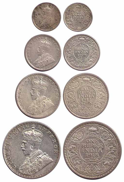 George V, Silver (4), Set of 4: Rupee, ½ and ¼ Rupee, 2 Annas, 1918, 1917, 1919, and 1917,