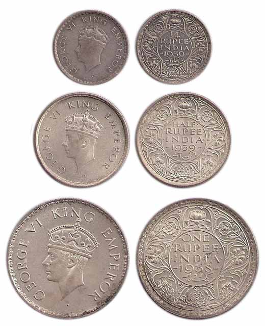 George VI, Silver (4), Set of 3: Rupee, ½ and ¼ Rupee, 1938, 1939, 1939 respectively. Very