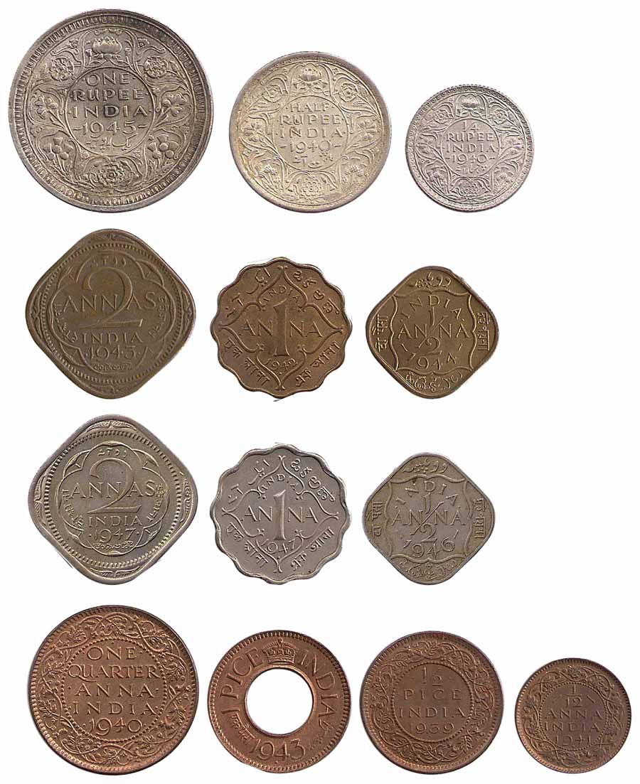 George VI, Silver, Rupee, 1945; ½ and ¼ Rupee, 1940; Nickel (3), Rupee, ½ and ¼ Rupee, 194