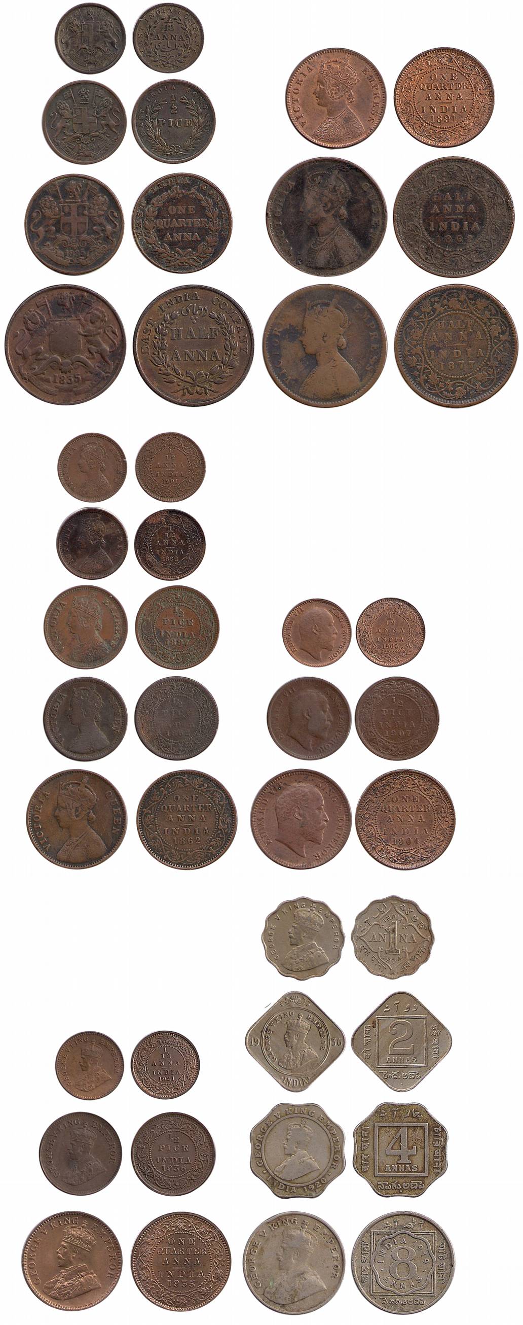 Assorted lot of various coins: 8 Annas (1), 4 Annas (1), 2 Annas (1), 1 Anna (2), ½ Anna (