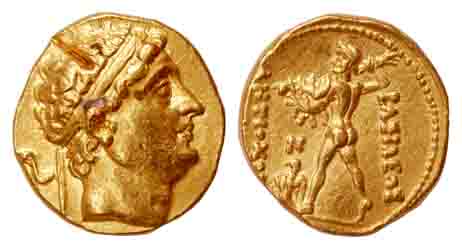 Indo-Greeks, Diodotus, Gold, 8.30 g, Dinar, bust of the ruler on obv to right; naked Greek