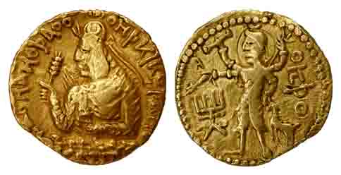 Kushanas, Huvishka, Gold, 7.52 g, Dinar, Osho type, king seated on clouds to left with leg