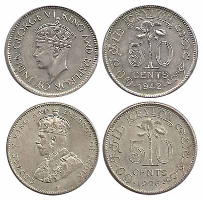 Ceylon, George V, Silver (2), 50 Cents, 1926, George VI, 1942. Both About UNC, Scarce. 2 c