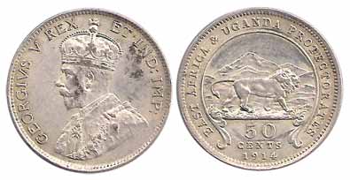 East Africa and Uganda Protectorate, George V, Silver, 50 Cents, 1914. About UNC, Scarce.