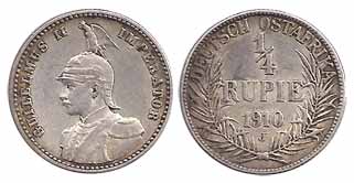 German East Africa, Silver, ¼ Rupee, 1910 J. Very Fine+, Scarce.
