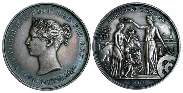 Victoria, Silver, 43.46 g, Jabalpur Medal, bust of the Queen on obv, Goddess Victory garla