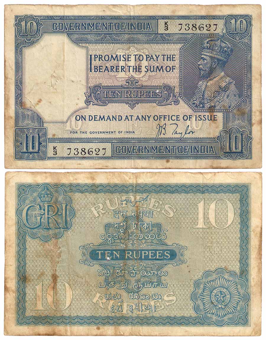 British India, George V, Rs. 10, 2nd issue, Sign. J B Taylor, Big-Blue type, released in 1