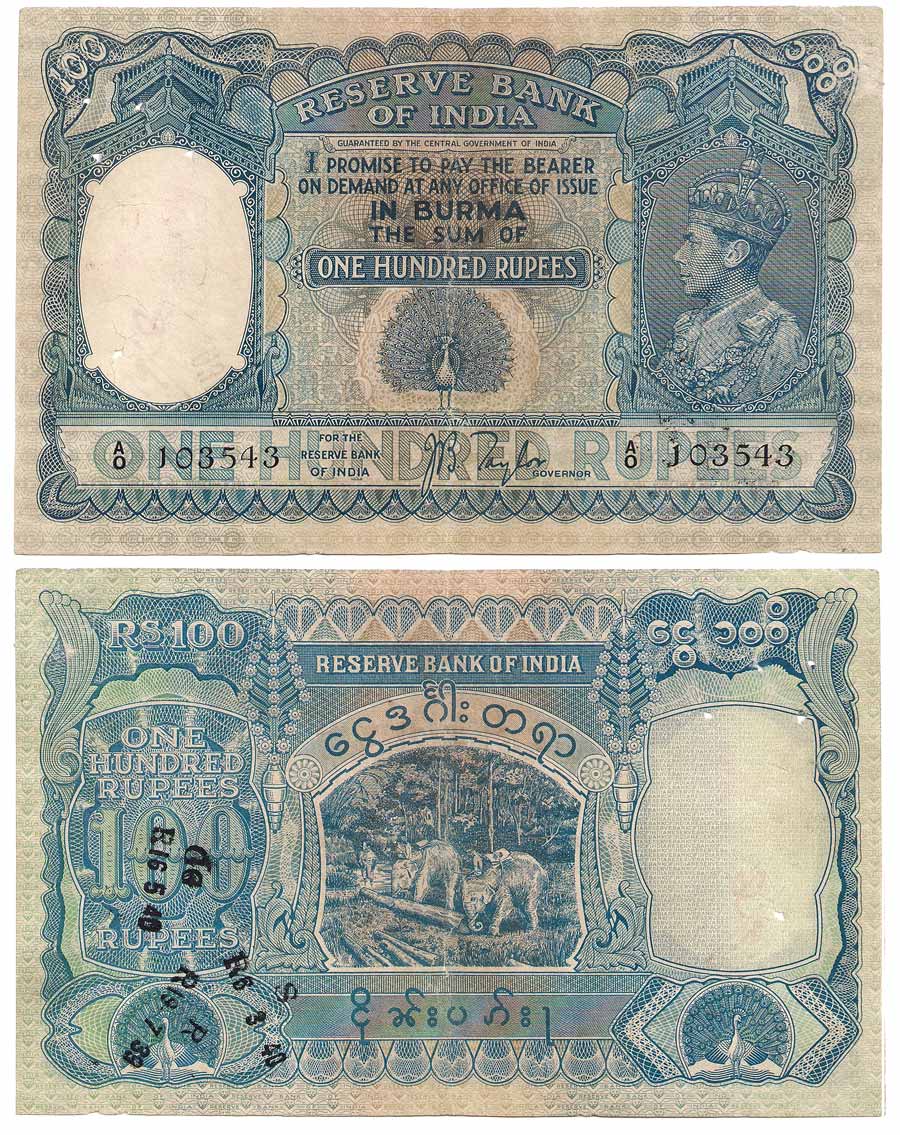 Burma, George VI, Rs. 100, Profile Portrait of George VI as watermark, issue of 1939, Sign
