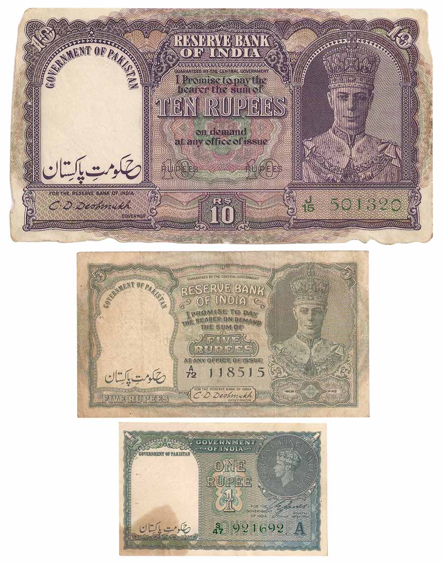 Pakistan, India Overprint notes (3), Set of 3: Rs. 10, 5 and Re. 1, first two sign by C D 