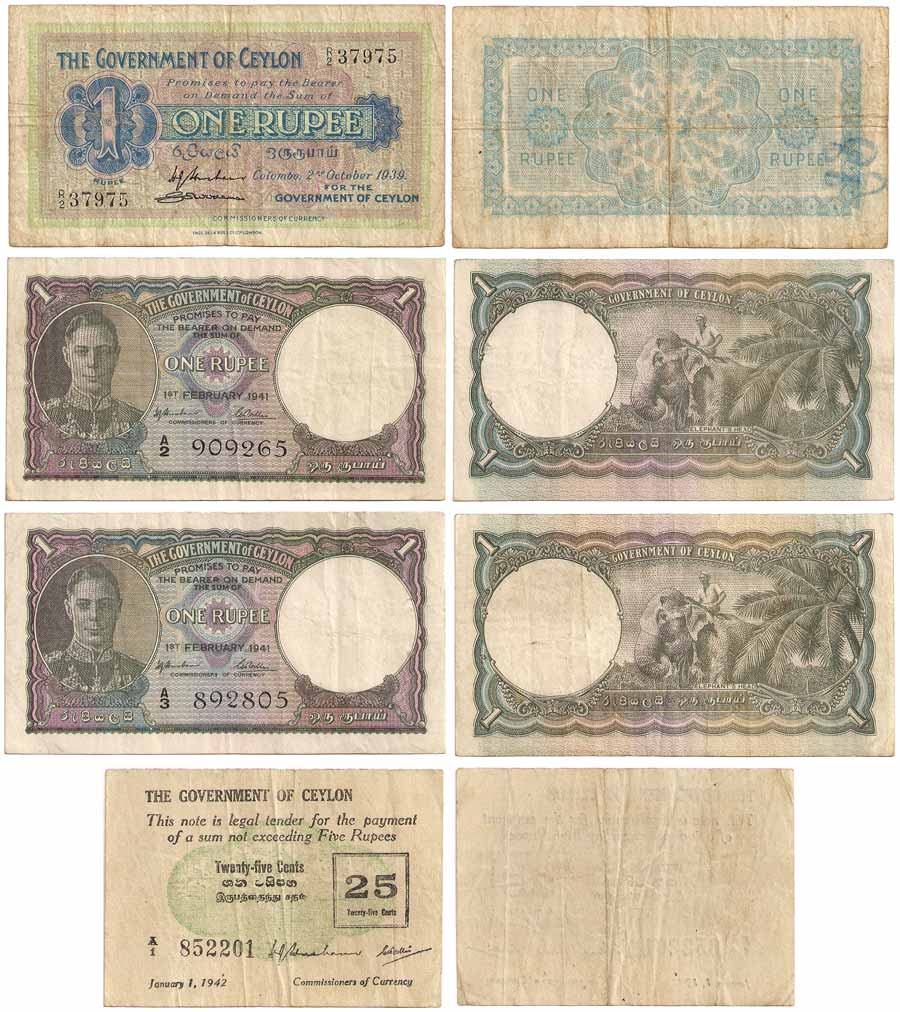 Sri Lanka – Ceylon, Re. 1 (2), Re. 1, 1939 issue; and Re. 1, right from when Mumbai was ca