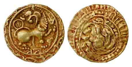 Kadambas of Hangal, Gold, Pagoda, a furious lion seated to right but looking back at left 