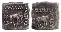 Indo-Greeks, Apollodotus I, Silver, Square, Drachm, an elephant standing to right with leg
