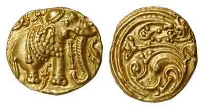 Gangas of Talkad, Gold, Elephant Pagoda, an ornate elephant standing to right with an Umbr