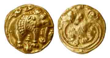 Gangas of Talkad, Gold, Elephant Pagoda, an ornate elephant standing to right with an Umbr